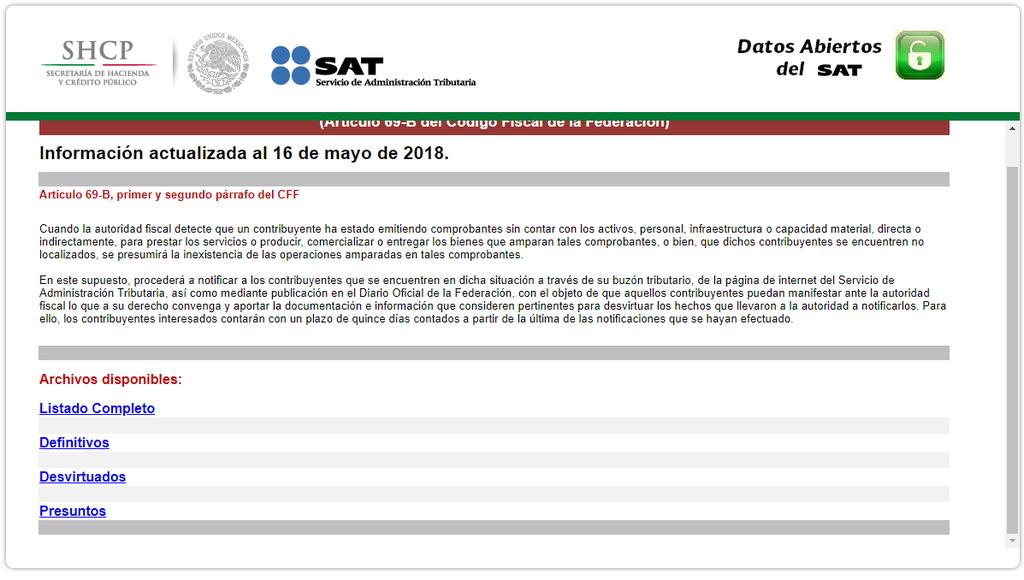 Publicación de EDOS y EFOS El SAT publica un listado donde aparecen EDOS y EFOS con sus respectivos estados.