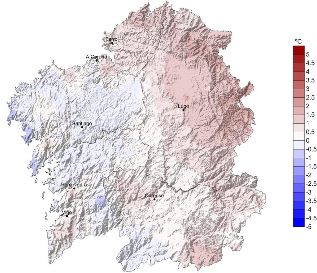 5.3. Anomalía de temperatura media con respecto ao período 1981-2010. A anomalía da temperatura media no conxunto de Galicia neste mes de abril, tendo en conta a media dos valores do mapa, foi de 0.