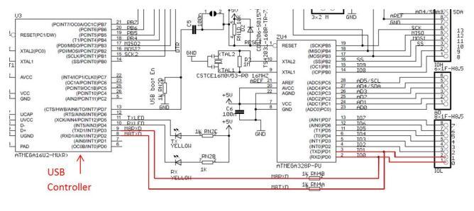 Ej. Arduino Uno (comunicación serial entre los ucs ATmega16U2 y ATmega328P) Ej.