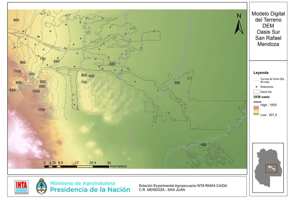 Figura 9. Altimetría y curvas de nivel en la región oasis sur de la provincia de Mendoza (Argentina).