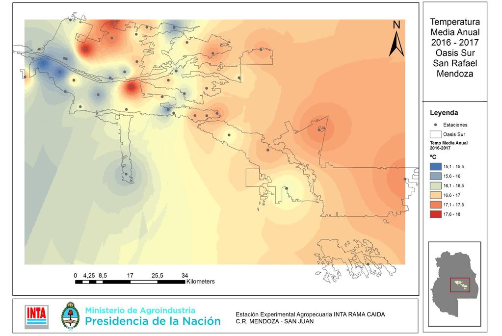 Figura 3. Variación espacial de la temperatura media anual en el oasis sur de la provincia de Mendoza (Argentina).