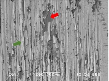 9 50 µm 100 µm Oxigeno Hierro Mecanismo de desgaste adhesivo, flecha verde indica las marcas de arado, flecha roja muestra material adherido.