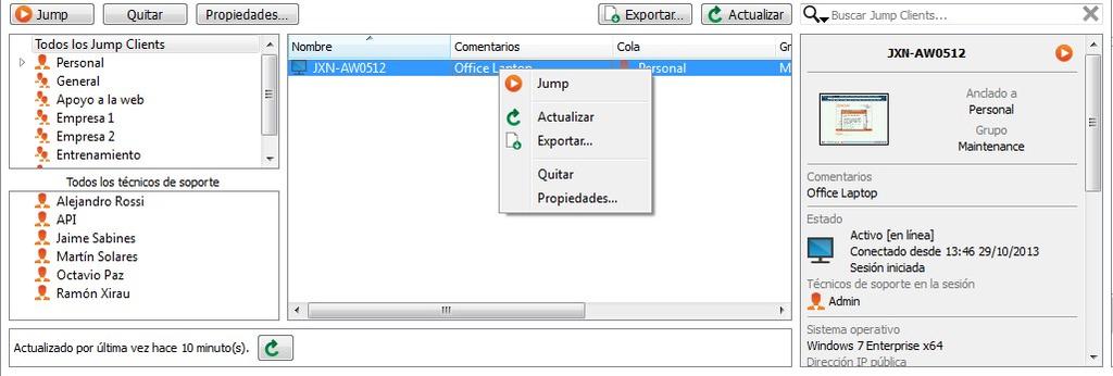 JUMP CLIENTS Para acceder a un equipo determinada sin ayuda del usuario final, instale un Jump Client en ese sistema desde una sesión o bien desde la página Jump Clients de la interfaz administrativa.