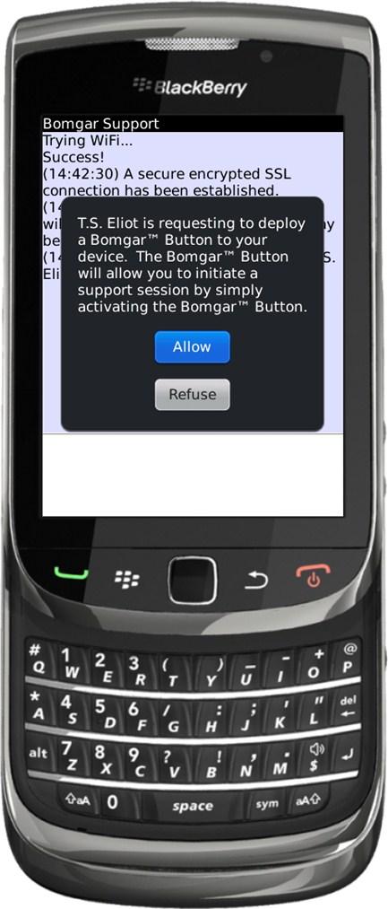 BOMGAR BUTTON PARA BLACKBERRY Durante una sesión, un técnico de soporte es capaz de implementar Bomgar Buttons en un dispositivo BlackBerry.