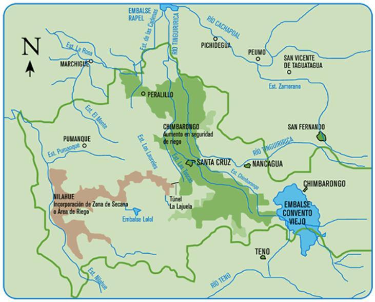 3. Plano de Ubicación General La Red de Canales de la Fase 3, abastecerá al Valle de Nilahue que se ubica a 160 kilómetros al sur de Santiago y a 60 kilómetros al sur poniente de la ciudad de San