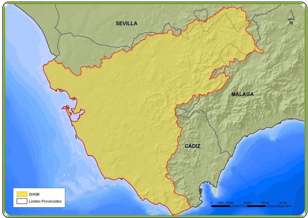 En la siguiente figura se muestra la delimitación continental de la Demarcación Hidrográfica del Guadalete y Barbate, mostrando también los límites provinciales anteriormente comentados.