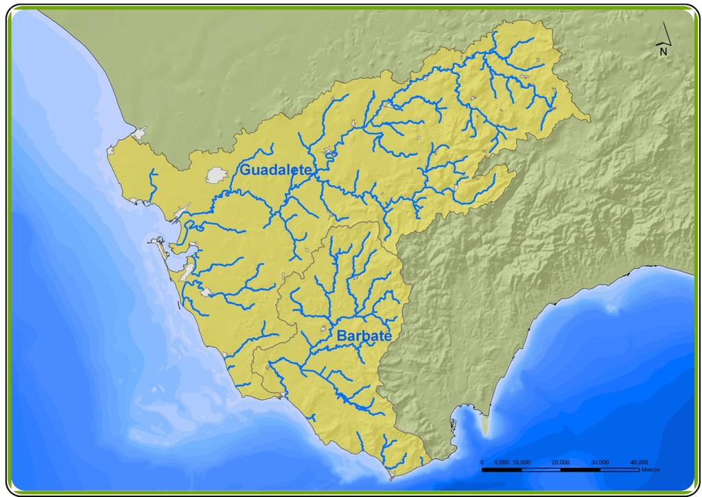 El río Barbate discurre con dirección norte sur, recibiendo por su margen izquierda a los ríos Celemín y Almodóvar, estando los tres ríos regulados por sus embalses homónimos, que se construyeron con