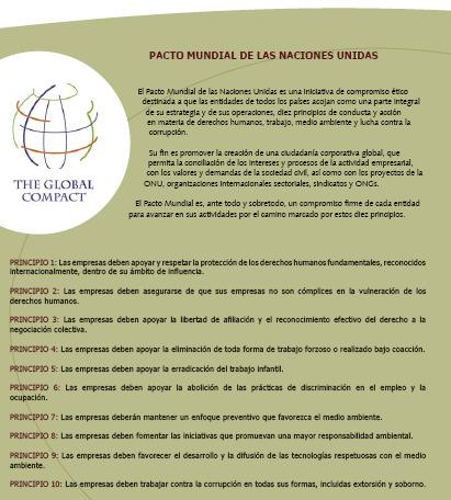 Los diez principios PACTO GLOBAL PROTOCOLO DE KYOTO Efectos económicos OBJETIVO: Estabilizar las concentraciones de gases de efecto invernadero en la atmósfera, a un nivel que prevenga una peligrosa