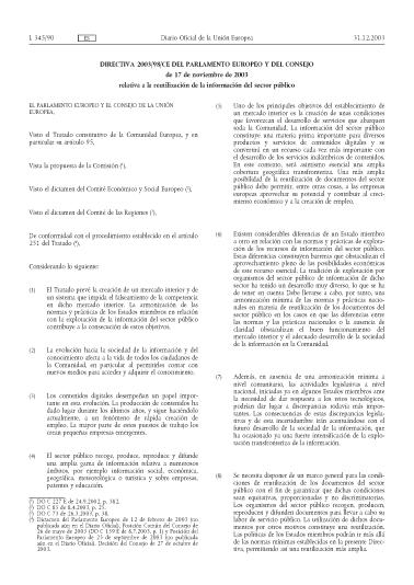 Normativa en España Directiva 2003/98/CE del Parlamento