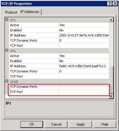 Figura 1. Pestaña Direcciones IP del cuadro de diálogo de propiedades TCP/IP e En IPALL, asegúrese de que el puerto TCP se configure con un número de puerto válido.