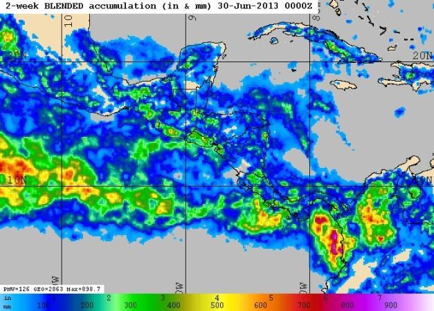 Por el contrario, la ZCIT estuvo mucho más organizada en la segunda quincena del mes: a partir del 15 de junio se puede observar una mayor cantidad de lluvia tanto en el Pacífico como en el Valle