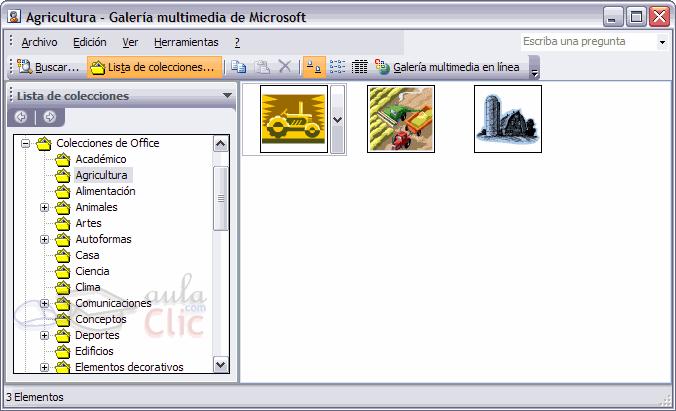 La galería multimedia contiene todas las imágenes prediseñadas (clips) tanto de Microsoft como las nuestras.