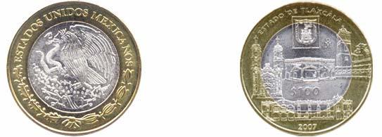 Especificaciones Técnicas: (a) Moneda bimetálica en plata y bronce-aluminio. Valor Facial: cien pesos. Diámetro: 39.0 mm. Canto: estriado discontinuo.