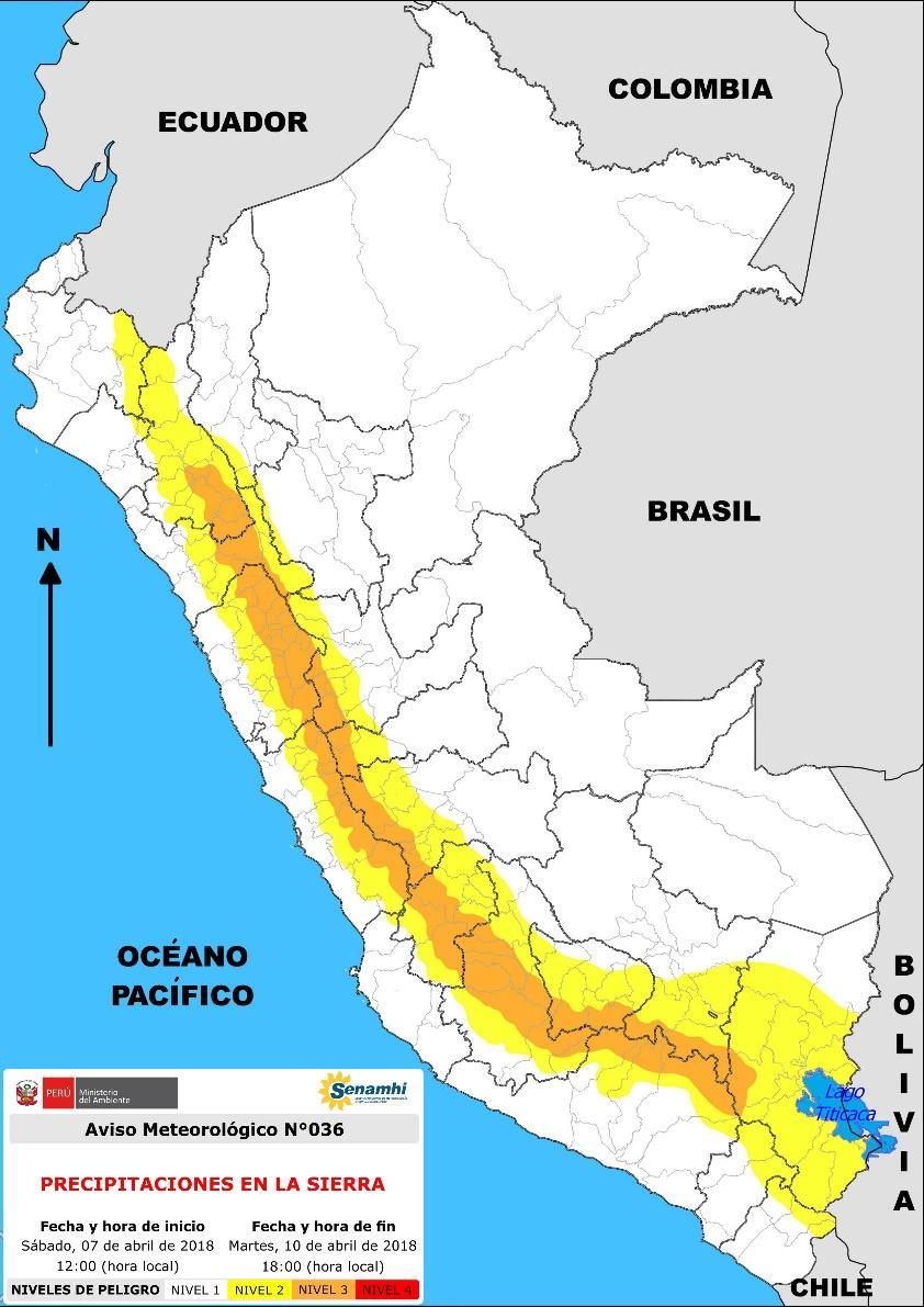 Asimismo, se presentarán precipitaciones sólidas como granizo en localidades por encima de los 3500 msnm y nieve en las zonas sobre los 4000 msnm.