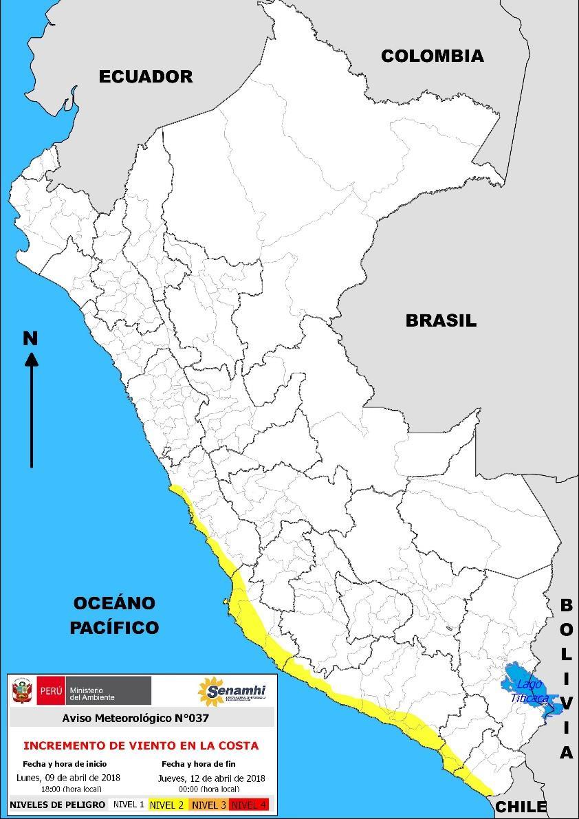 Anexo 04 INCREMENTO DE VIENTO EN LA COSTA NIVEL 2 El SENAMHI informa que, desde el lunes 09 al jueves 12 de abril, se prevé el incremento de viento desde Tacna hasta Lima.