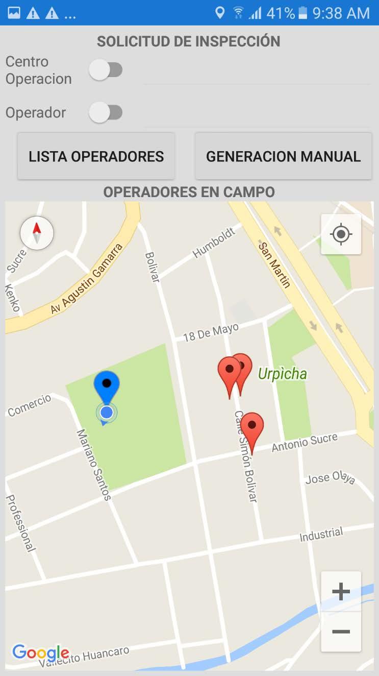 Una vez que se lista los operadores, el aplicativo mostrara la ubicación de los operadores.