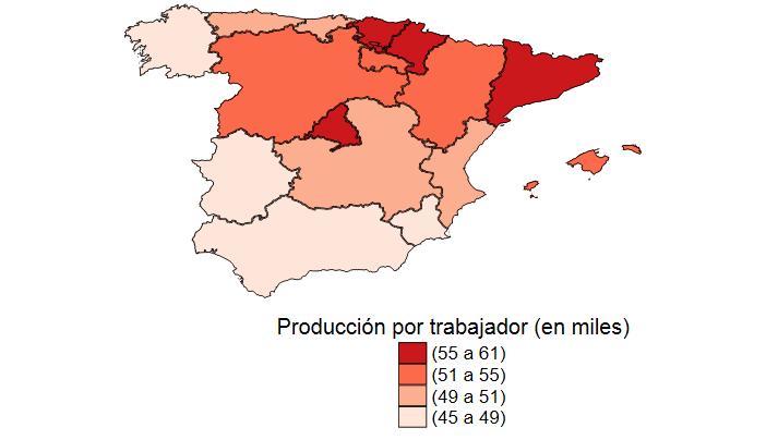La productividad del trabajo difiere entre regiones Islas Canarias Producción por trabajador (en miles de euros) Nota: Los