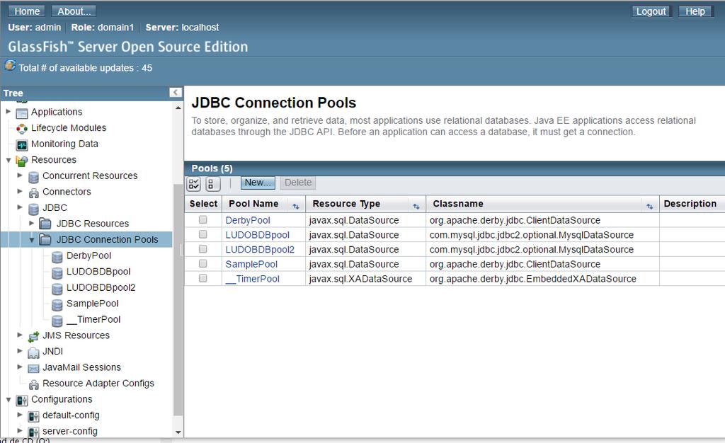 En el menú izquierdo ingresar a la opción Resources -> JDBC -> JDBC Connection Pools b.