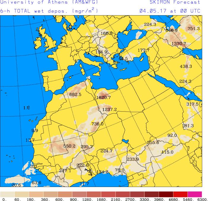 Depósito húmedo de polvo (mg/m 2 ) predicho por el modelo SKIRON para el día 4 de mayo de 2017 a las 00 UTC (izquierda) y a las 18 UTC (derecha). Universidad de Atenas.