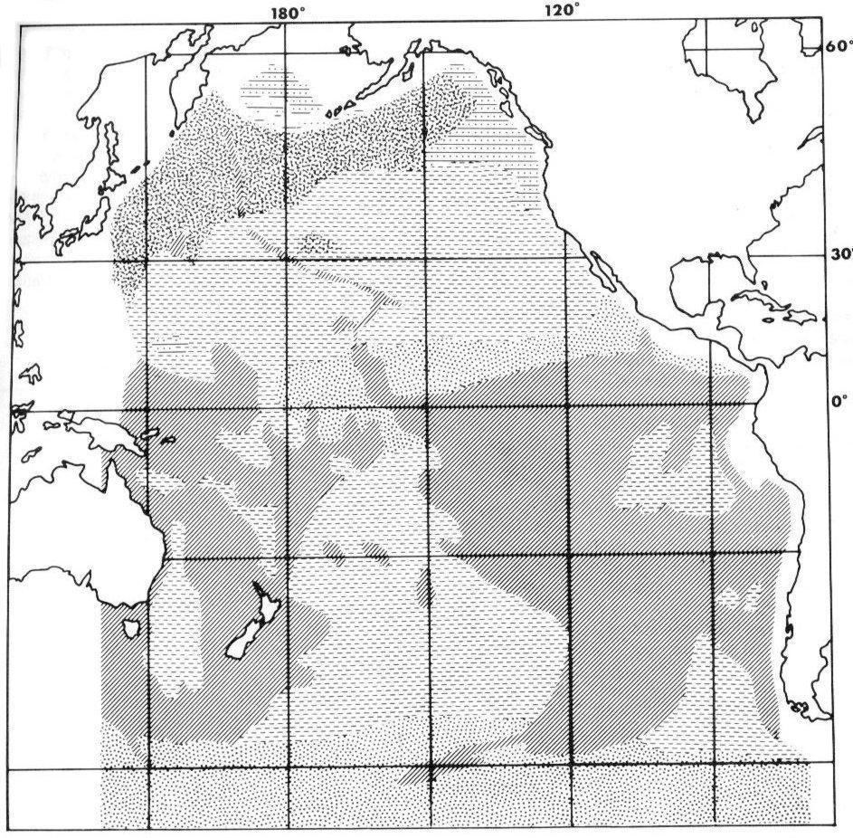 Distribución de sedimentos pelágicos en el Océano Pacífico Turbiditas Fangos hemipelágicos Silíceo biogénico Arcillas
