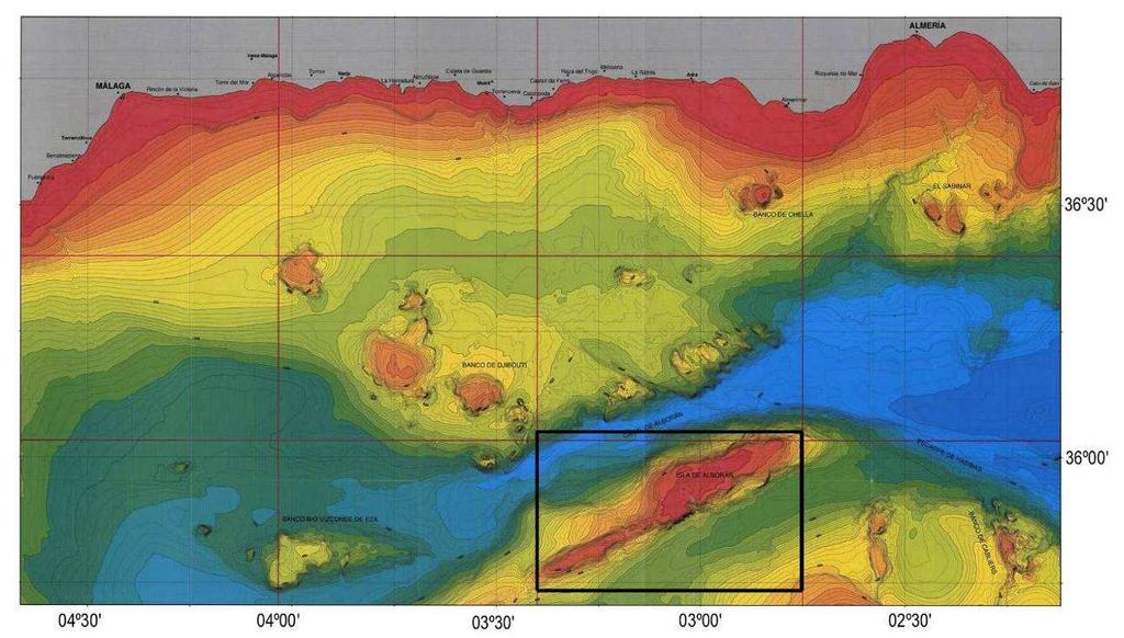 Informe final INDEMARES-Alborán Introducción A B Figura 1.2. A, Mapa topográfico parcial del mar de Alborán, indicando la zona de estudio del proyecto INDEMARES ALBORÁN.