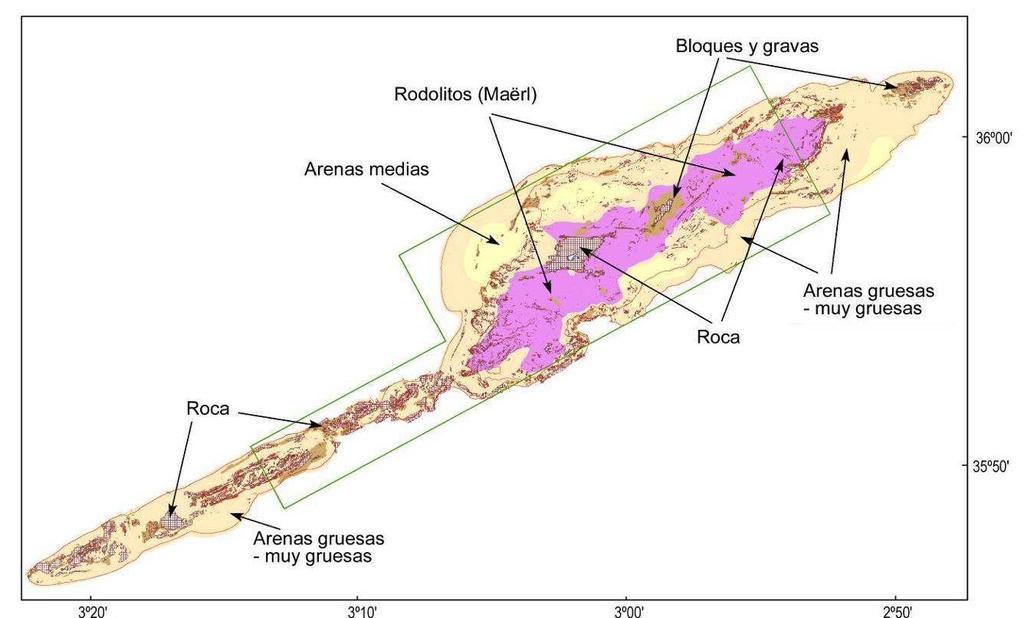 Informe final INDEMARES-Alborán Resultados SE de la isla, otro pequeño al NE del cañón Al Boraní y otro al sur del cañón Castor. La reflectividad es media a media-alta debido al tamaño de grano.