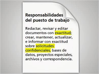 Las responsabilidades del puesto de trabajo que se enumeran incluyen la capacidad de redactar, revisar y editar documentos.