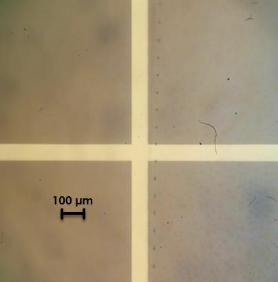 el cruce de dos microcanales fabricados en el mismo CMC. Figura 133. Cruce de microcanales observado con microscopio metalográfico.