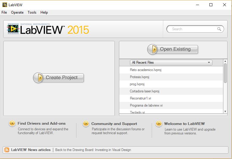 Figura 37. Ventana de inicio del software LabVIEW 2015.