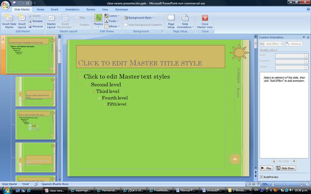 Nota: En el slide master usted no escribe, solo cambia tipo, tamaño y color de la letra, color del