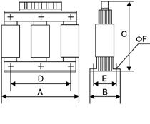 Condensadores y Reactancias para Baja Tensión RE / RBE Reactancias trifásicas para baterías estáticas Referencias Reactancias III serie RE/ RBE a 400 Vc.a., 50 Hz, p = 7 % (189 HZ) Tipo Código Para condensador kvar I n (A) L (mh) Pérdidas (W) Peso (kg) RE-5-400 / 6-460 P70210 CF 46 / 6-6B 5 5 23,67 25 6 RE-10-400 / 12,5-460 P70215 CF 46 / 12,5.