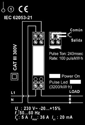 impulso 100 imp / kw h (no programable) Duración del impulso (T on / T off) 250 ms on / 250 ms off Aislamiento 500 Vc.c. (10 10 Ω) Condiciones Temperatura de uso -20.