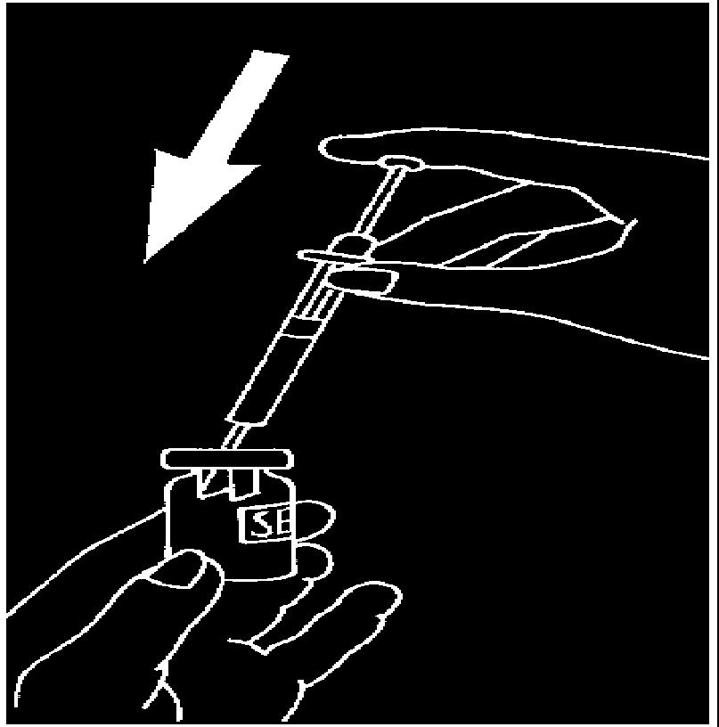 Preparaţi soluţia injectabilă: Îndepărtaţi capacul protector al flaconului cu pulbere Luveris, luaţi seringa şi injectaţi lent solventul în flaconul cu Luveris. Rotiţi uşor, fără a se scoate seringa.