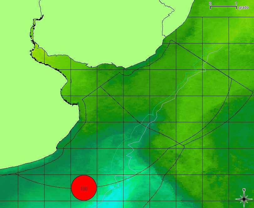extremo SE del lateral argentino. Los puntos rojos señalan las capturas de merluza de cola en enero y febrero de 2008.
