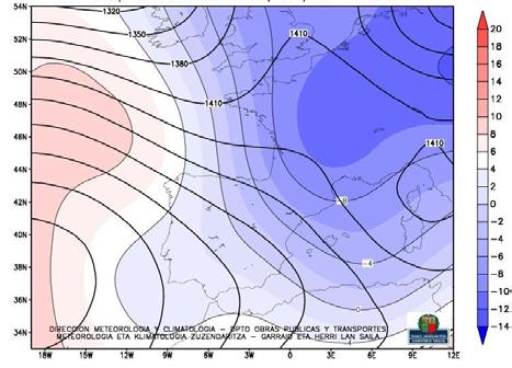 Figura 9.3. Geopotencial e isotermas a 850 hpa.