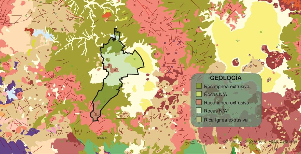 Geología Periodo: Neógeno (44.51%) y Cuaternario (16.84%) Ígnea extrusiva: volcanoclástico (22.05%), andesita (13.62%), basalto (0.61%) y brecha volcánica básica (0.