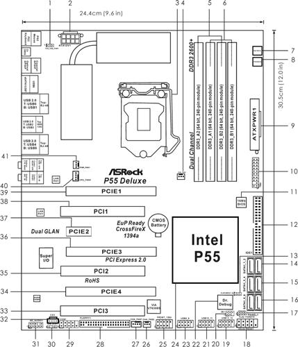 Motherboard Layout English 1 PS2_USB_PWR1 Jumper 22 Dr. Debug (LED) 2 ATX 12V Power Connector (ATX12V1) 23 USB 2.