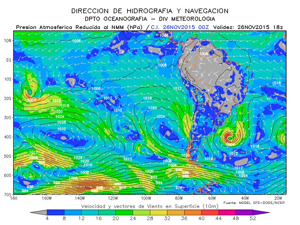VIENTOS Y OLAS 26 de noviembre de 215 El sistema de alta presión del océano Pacífico Sur para el 26 de noviembre presentaría un acercamiento a las costas de Chile con un intensidad en su núcleo hasta