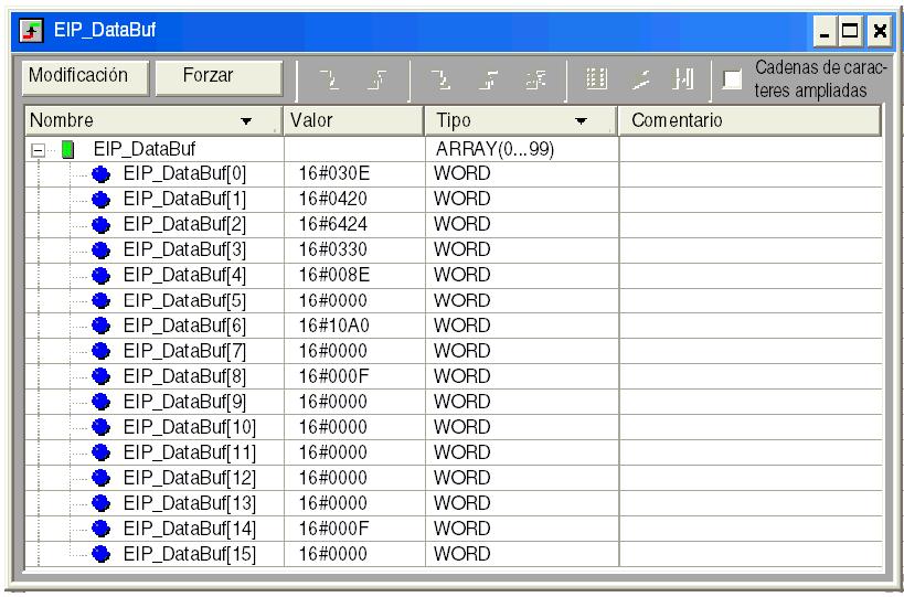 Paso Acción 5 En la columna Nombre de la tabla de animación, escriba el nombre de la variable asignada al búfer de datos: EIP_DataBuf y pulse Intro.
