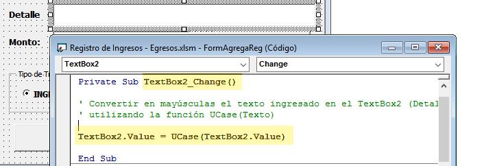 Los objetos que utilizan el evento Change son: cajas de texto (TextBox), botones de opción (OptionButton), cuadro combinado (ComboBox), cuadro de lista (ListBox), casilla de verificación (CheckBox),