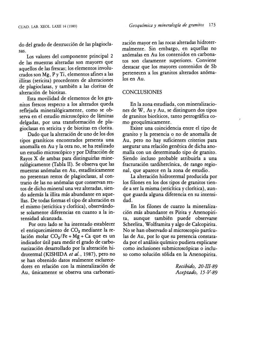 evad. LAB. XEOL. LAXE 14 (1989) Geoquímica y mineralogía de granitos 173 do del grado de destrucción de las plagioclasas.