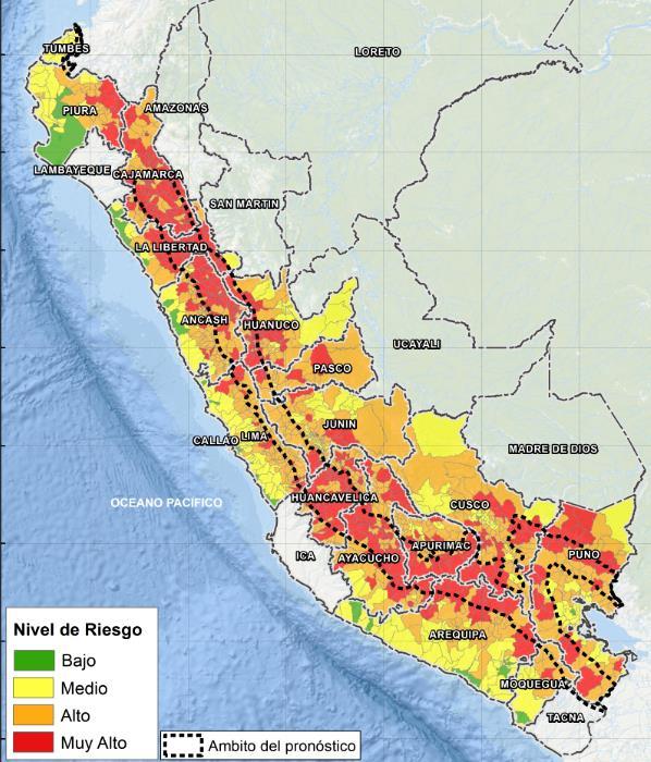 480 distritos de 15 departamentos presentan riesgo muy alto de huaicos por lluvias Un total de 480 distritos ubicados en 15 regiones de la sierra y costa norte del país presentan un riesgo muy alto