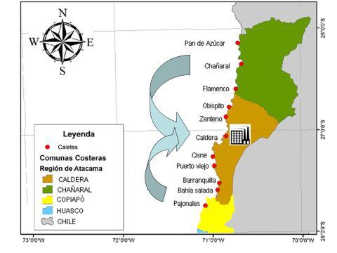 Figura 35. Caletas de la III Región que entregan su producción en plantas pesqueras ubicadas en el puerto de Caldera.