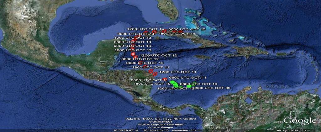 Flujo de viento del Norte C Fig. 9. Líneas de corriente en el nivel atmosférico de 85 hpa correspondiente al al huracán Paula el día 1 de octubre a las 6 p.m. (el viento circula paralelamente a las líneas de corriente).