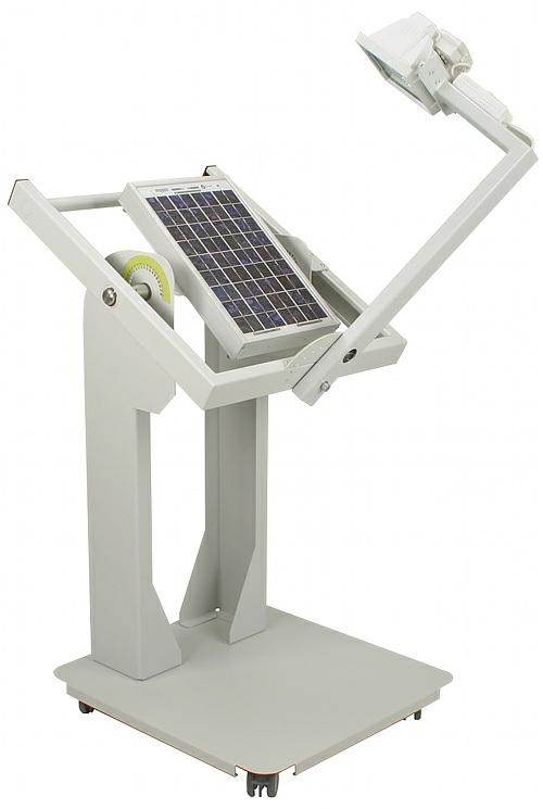 2 Módulo solar con emulador de la altura del sol CO3208-1B 1 El bastidor contiene un módulo solar policristalino y un proyector halógeno empleado para simular la presencia del sol.