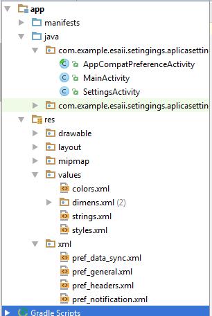 SettingsActivity Nos creará un fichero kotlin con unos apartados de ejemplo por defecto que podemos utilizar de base, unos ficheros xml para