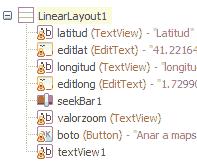 Crida a Maps (3) - SeekBar Añadimos un SeekBar al Layout para modificar el valor del zoom mediante una barra. Añadimos el código al ejemplo anterior. var uril: TextView = findviewbyid(r.id.textview1) var valzoom:textview = findviewbyid(r.