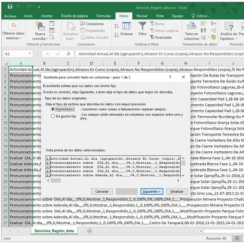 Con el archivo abierto en Excel, se selecciona la columna que contiene los datos y se pincha sobre la pestaña Datos, se selecciona la