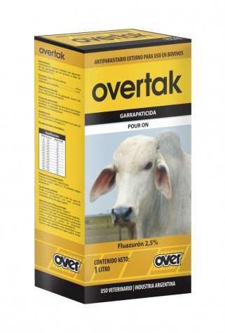 Overtak (fluazuròn 2.5%) Antiparasitario externo inhibidor del desarrollo de las garrapatas de los bovinos a base de fluazurón al 2,5 %. Fluazurón 2,50 g Agentes de Formulación c.s. Bovinos.