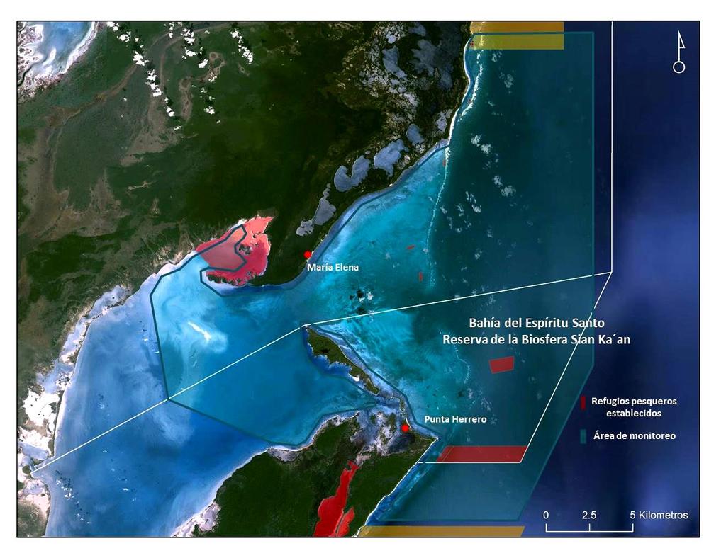 Figura 1. Ubicación geográfica de los refugios pesqueros y área del monitoreo en la Bahía del Espíritu Santo en la Reserva de la Biosfera Sian Ka an.
